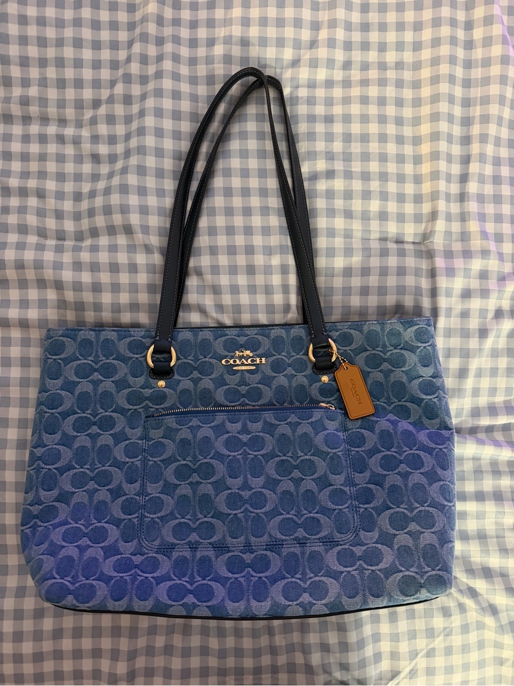 Coach Blue Signature Denim Tote with Leather Tag